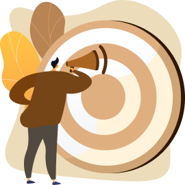 Illustration of a person with a megaphone aiming at a target, symbolizing clear vision, mission, and focused communication from prameyamandir