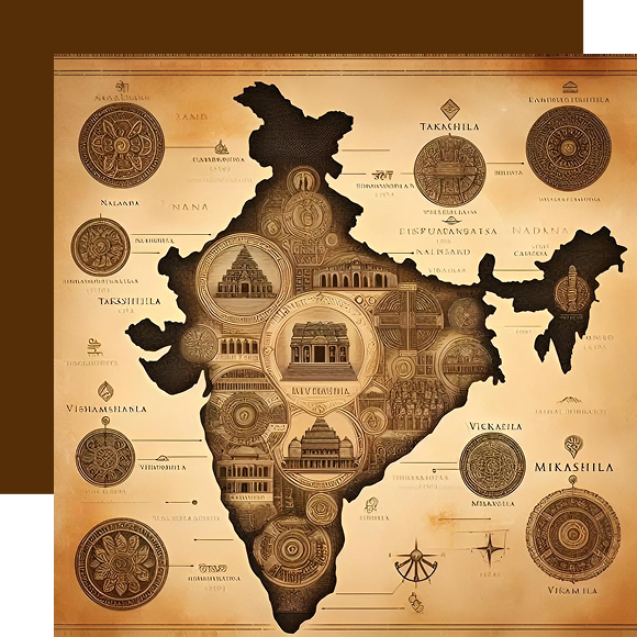An artistic map of India featuring historical centers of learning, intricate architectural designs, and ancient scripts, symbolizing India's rich intellectual heritage. The design reflects Prameyamandir’s dedication to Indological studies, Jain philosophy, and the preservation of ancient knowledge